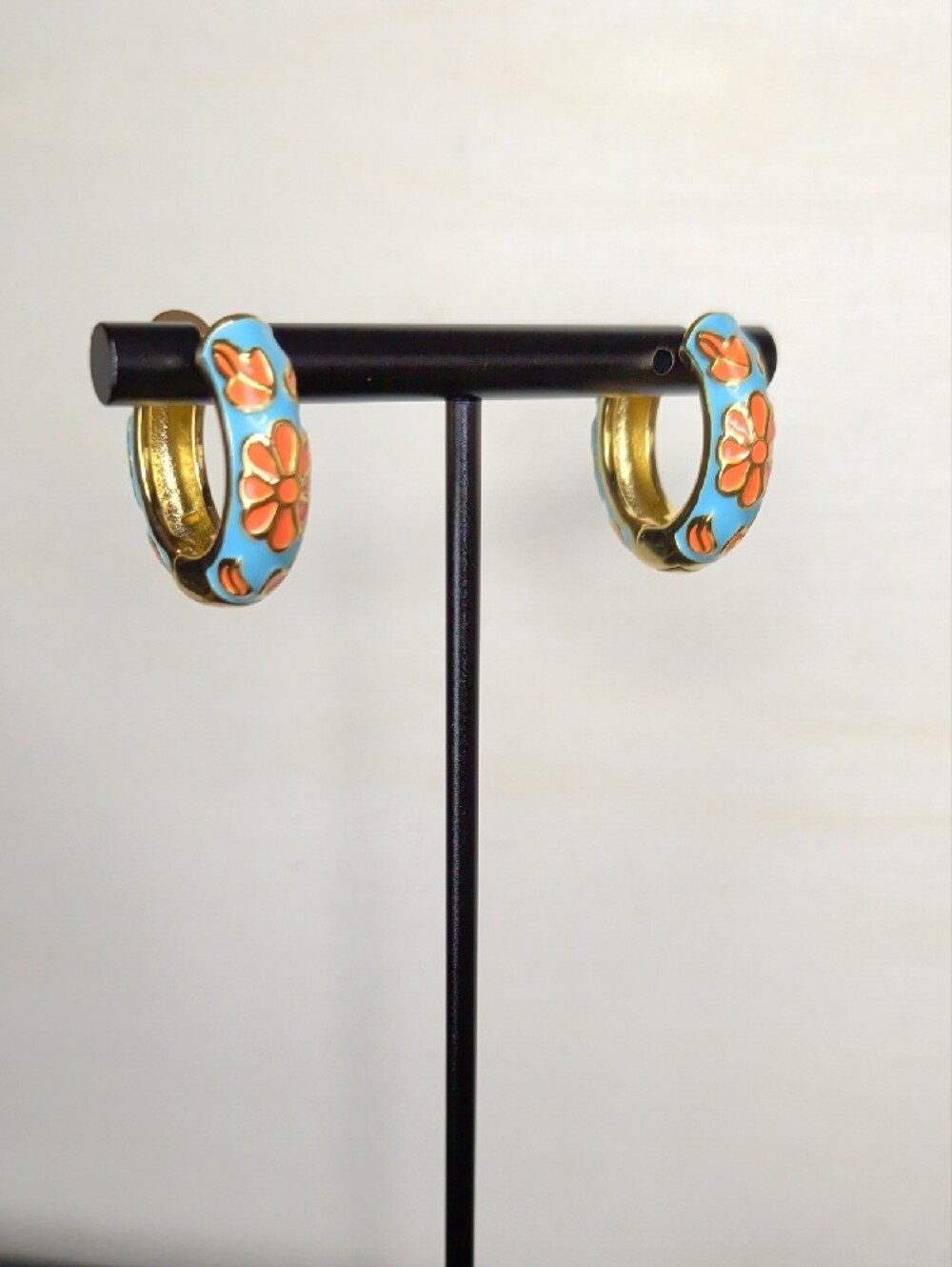 18k Gold Filled Hoop Earrings with Turquoise & Orange Floral Enamel - Picture 4 of 5